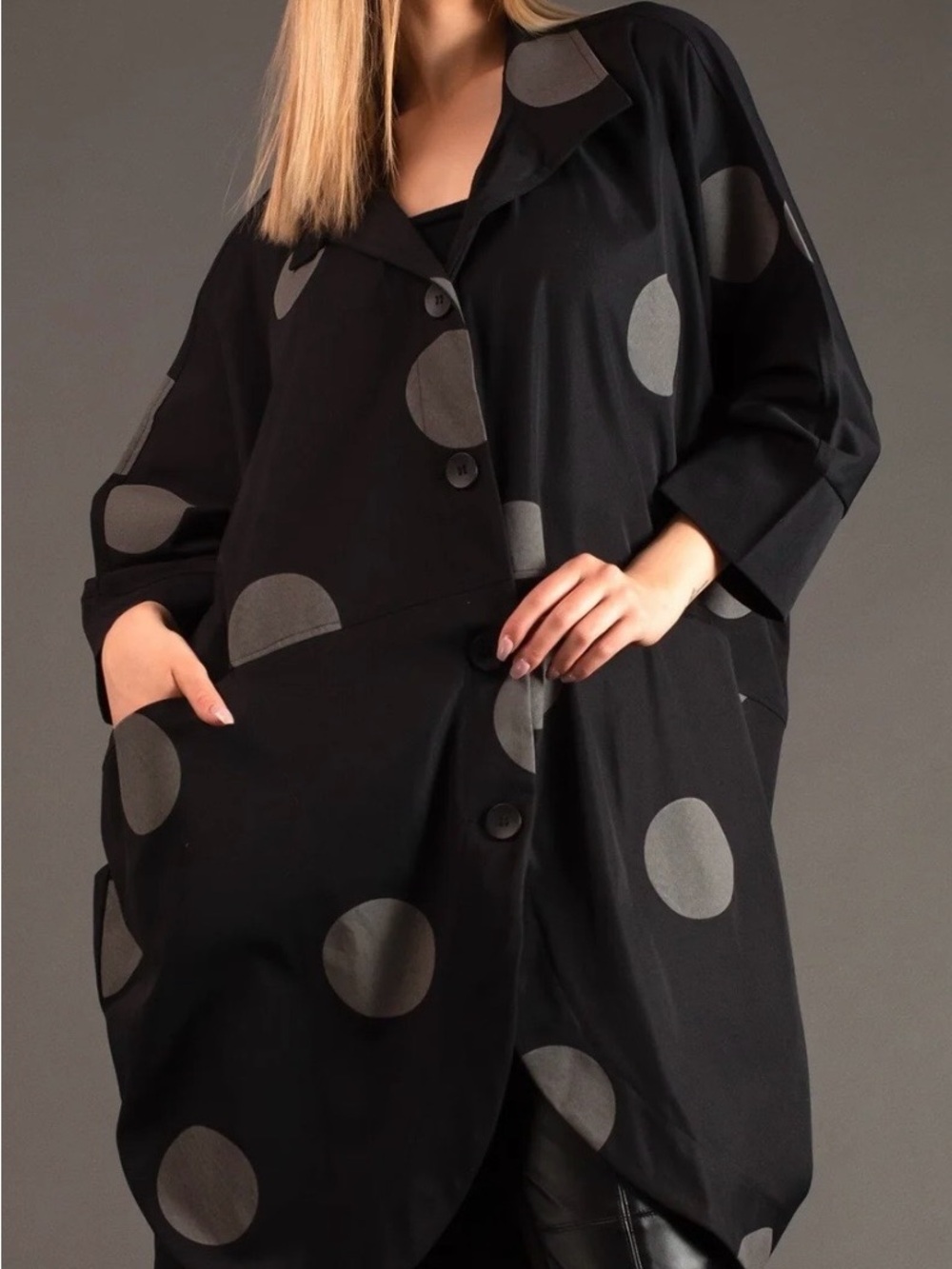 Kate Hewko Black Polka Dot Cocoon Coat - Picture 2 of 10